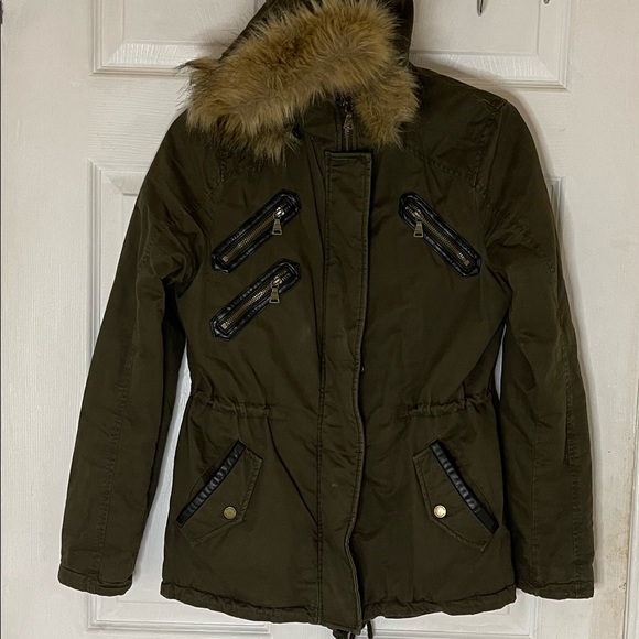 Express Olive Fur Trim Jacket - Picture 1 of 6